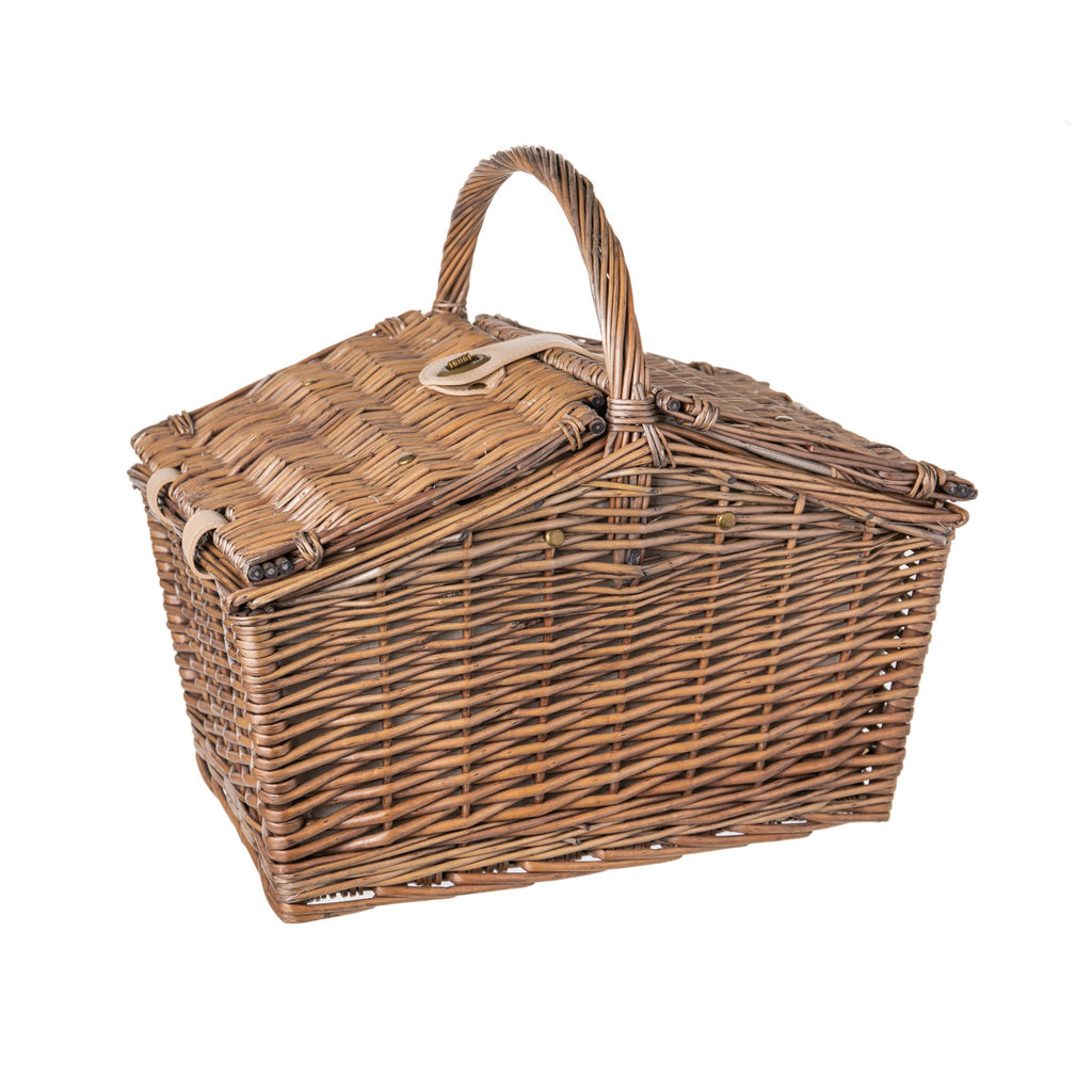 The vintage charm of this English style Piccadilly picnic basket is both delightful and practical. It boasts a handwoven willow wicker construction, double lid design, and natural cotton, full interior lining. It is conveniently filled with all you will need to add a touch of luxury to your outdoor eating.