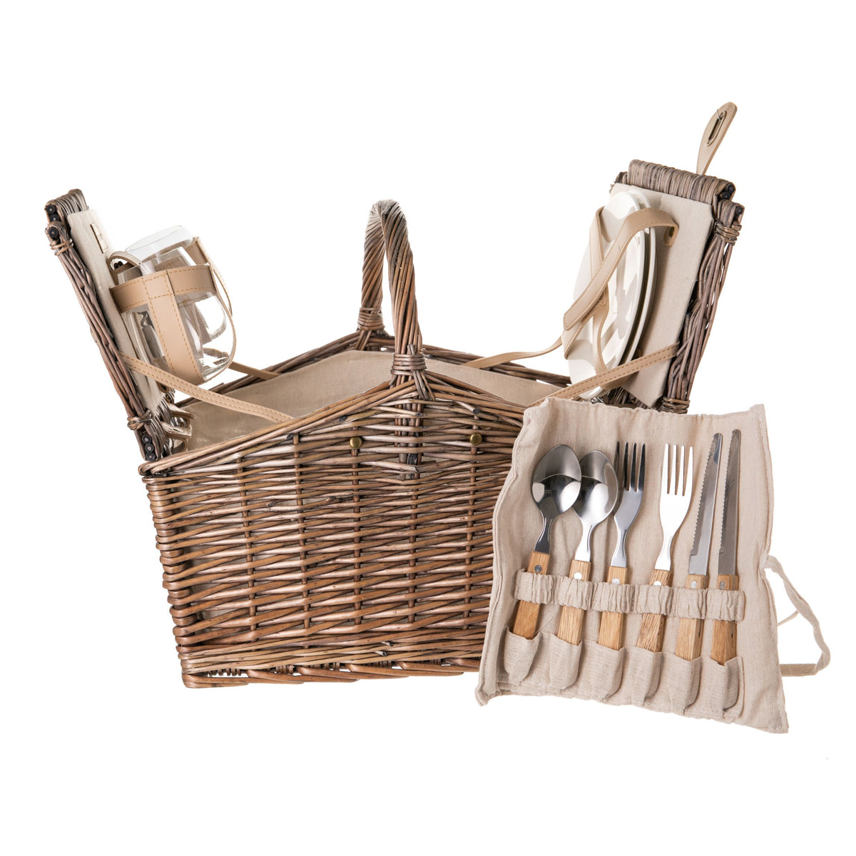 The vintage charm of this English style Piccadilly picnic basket is both delightful and practical. It boasts a handwoven willow wicker construction, double lid design, and natural cotton, full interior lining. It is conveniently filled with all you will need to add a touch of luxury to your outdoor eating.