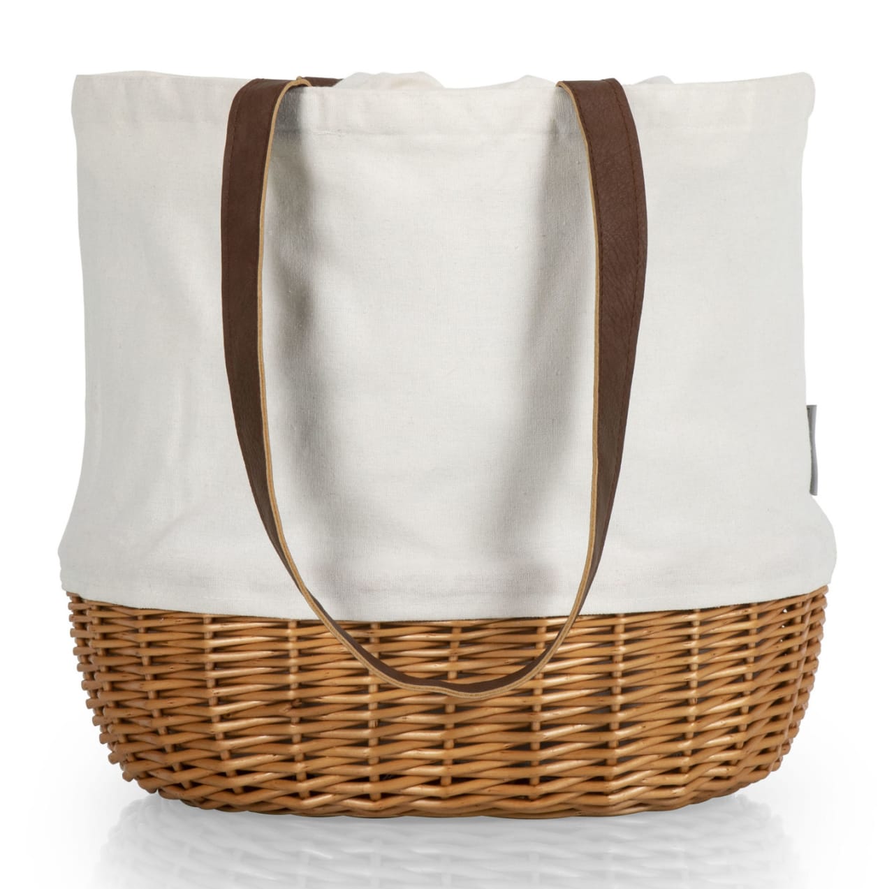 Somewhere between a durable wine and cheese picnic tote and a stylish beach bag, this stylish Canvas and Willow Basket Tote is the perfect companion wherever you're headed. Canvas body with Handwoven wicker bottom Drawstring closure 14.17" x 11.42" x 13.4"