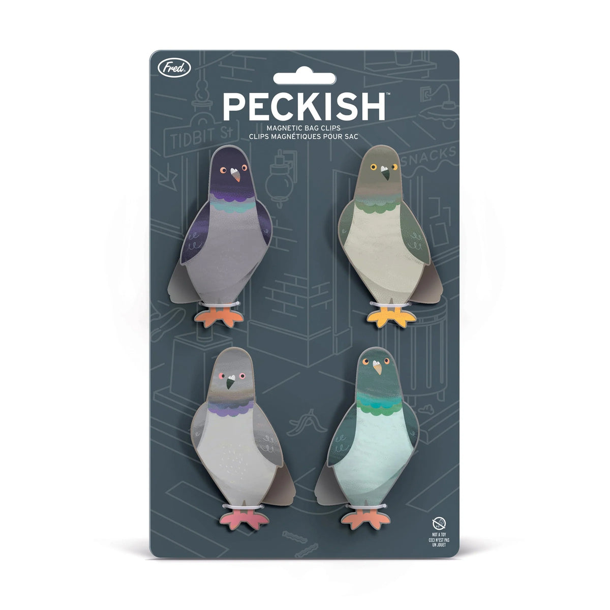 Set of magnetic bag clips shaped like pigeons on a grey backer card.