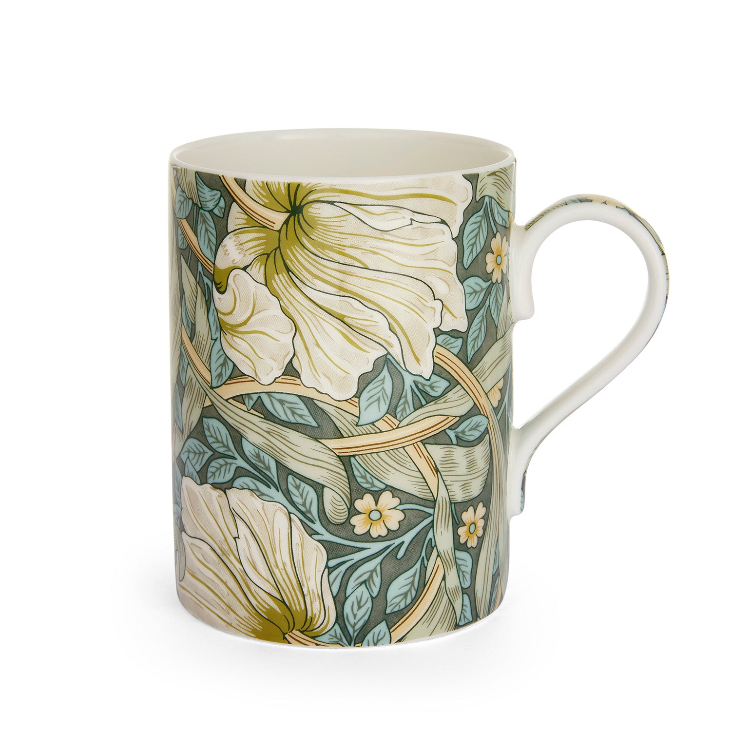 Mug with William Morris 'pimpernel' floral pattern design in green and cream on a white background