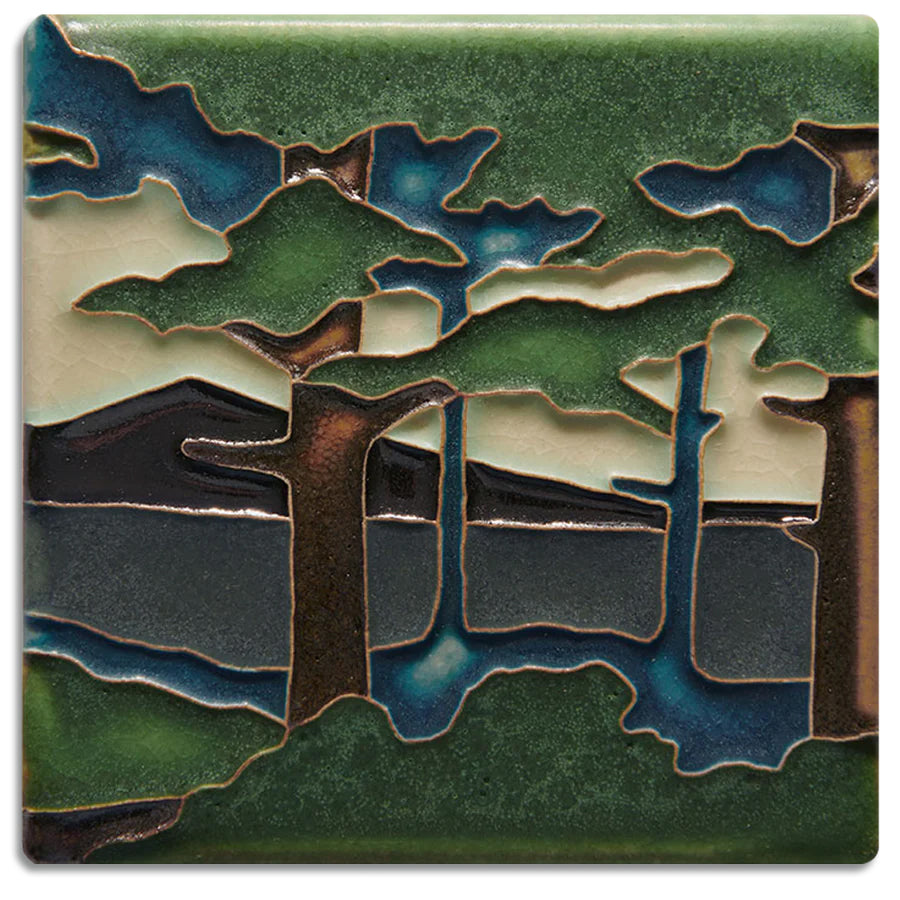 The Pine Landscape series is adapted from Grueby Faience designer Addison LeBoutillier's tile "Pines." This tile is one of the most recognized as a Motawi signature series. Each tile is made by hand in Ann Arbor, Michigan. Tiles are 5/8" thick and have a notch at the back for hanging.