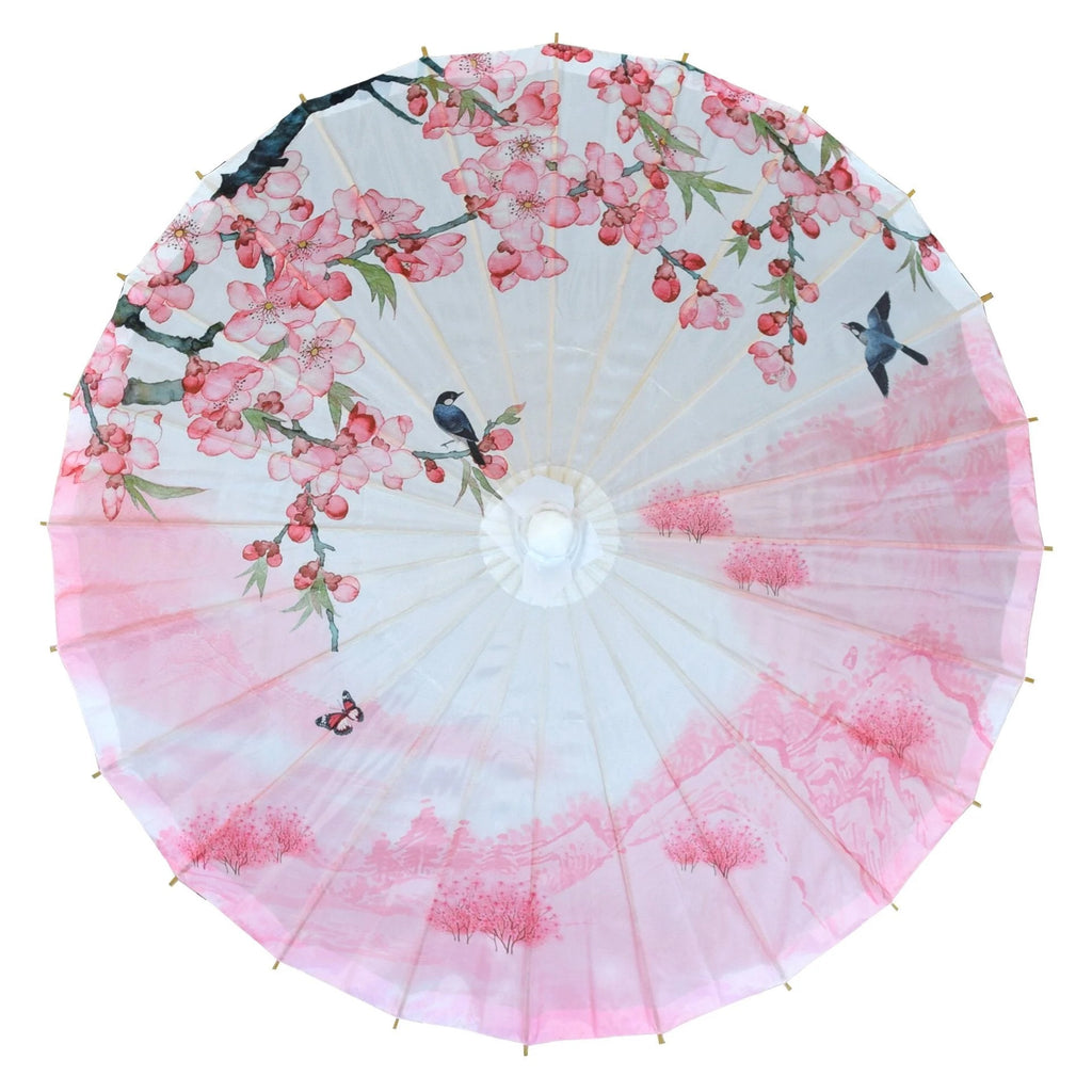 Keep the sun’s rays at bay with this pretty parasol, which features pretty pink cherry blossoms and deep blue birds on an ivory fabric base. This parasol can dress up any special event and can also be used as a striking home decor piece. Length when closed: 25.5".