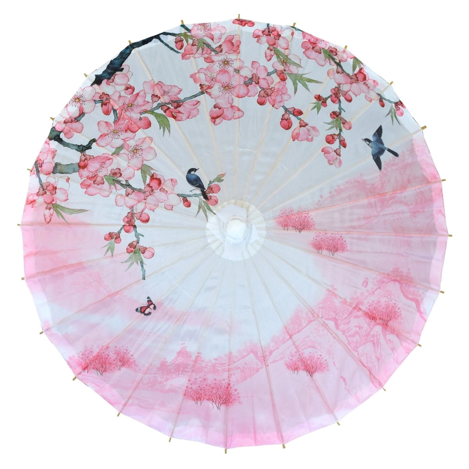 Decorative parasol with floral design on a white background.