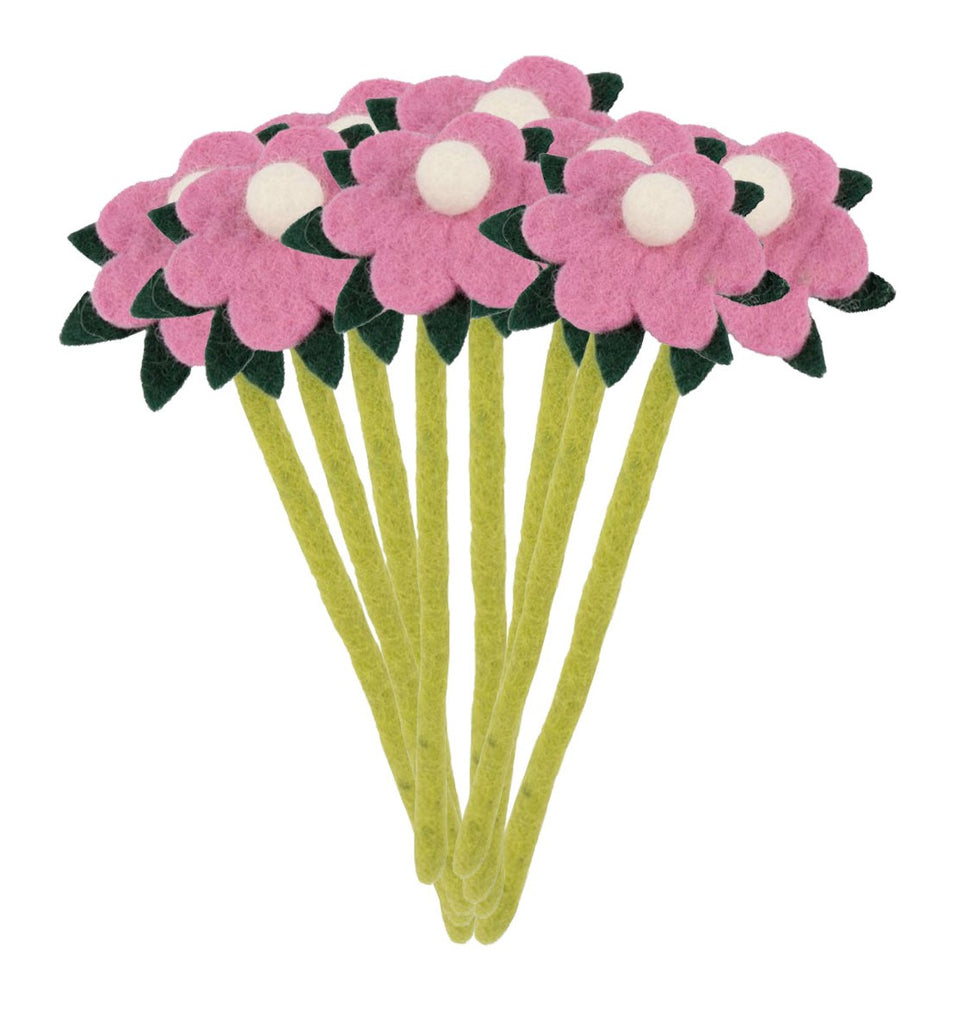 Decorate your dinner table, kids' room, and more with flowers that won't wilt! This felt flower stem is hand crafted from wool felt and will add a sunny touch to any room. Add a single stem to a narrow vase or buy a bunch to create a more dramatic display. Single felt floral stem. Dimensions: 9" x 2.5".