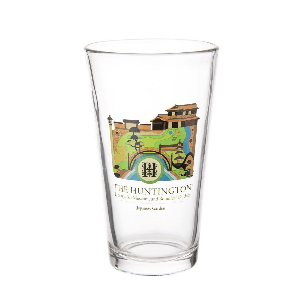 Part of a collection of products designed by Design Lab students at OTIS College of Art & Design, Los Angeles. This classic pint glass features an interpretation of The Huntington's historic Japanese Garden. The Huntington x OTIS collection. Glass. 16 oz.