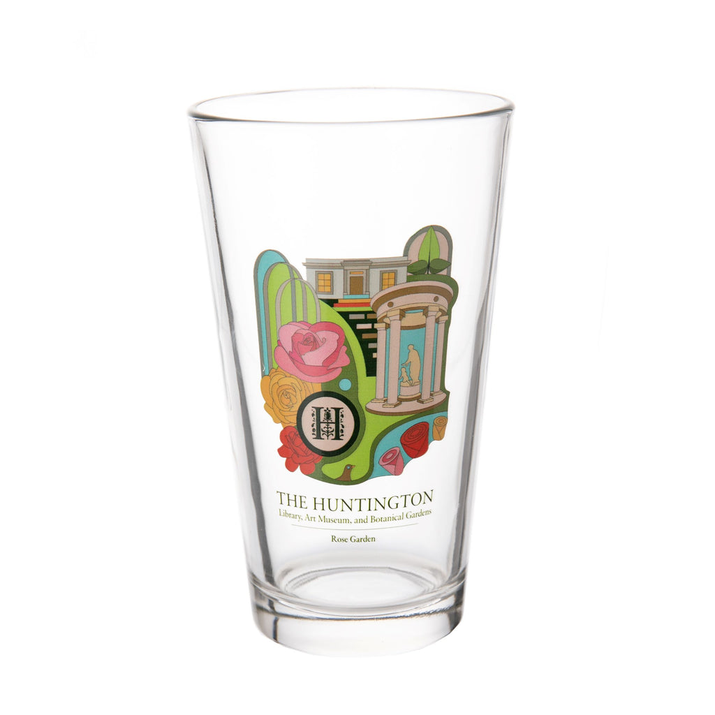Part of a collection of products designed by Design Lab students at OTIS College of Art & Design, Los Angeles. This classic pint glass features an interpretation of The Huntington's beloved Rose Garden. The Huntington x OTIS collection. Glass. 16 oz.