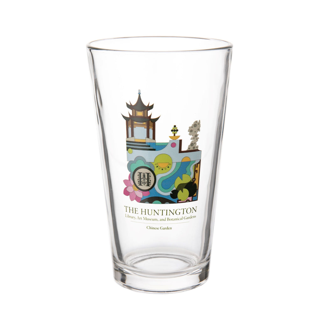Part of a collection of products designed by Design Lab students at OTIS College of Art & Design, Los Angeles.  This classic pint glass features an interpretation of The Huntington's celebrated Chinese Garden. The Huntington x OTIS collection Glass 16 oz.