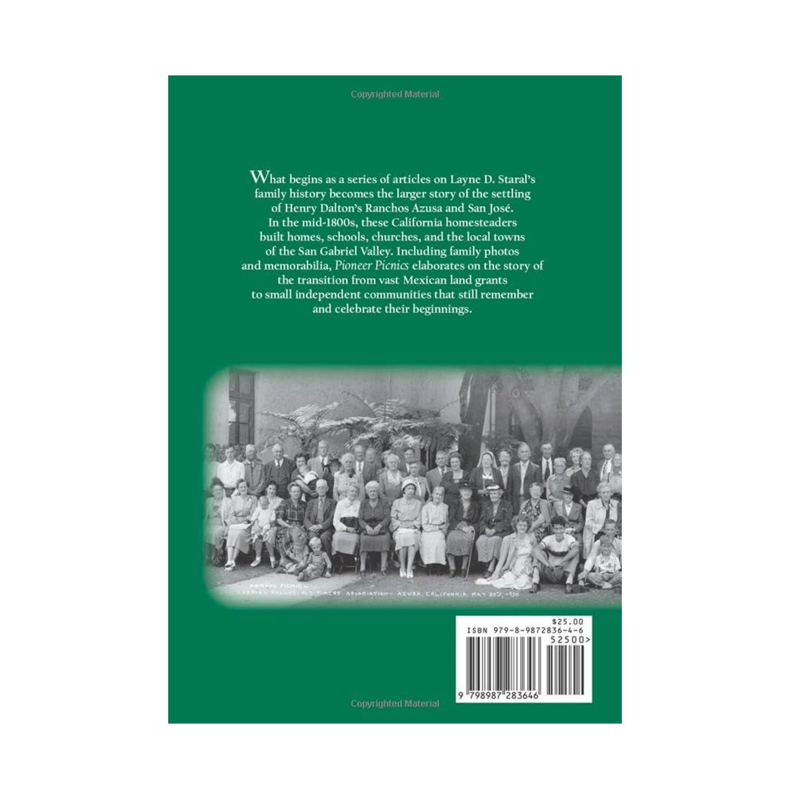 Book cover of 'Pioneer Picnics' with a green background and black and white photo of people.