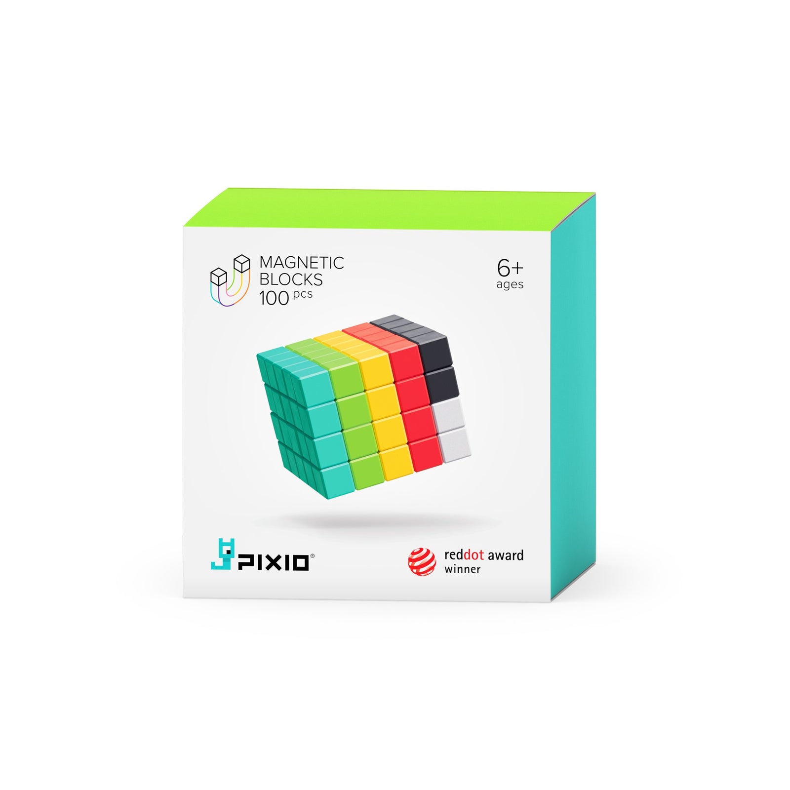 A box of PIXIO magnetic blocks featuring multiple colorful cubes, designed for educational play and building 8-bit pixel art.