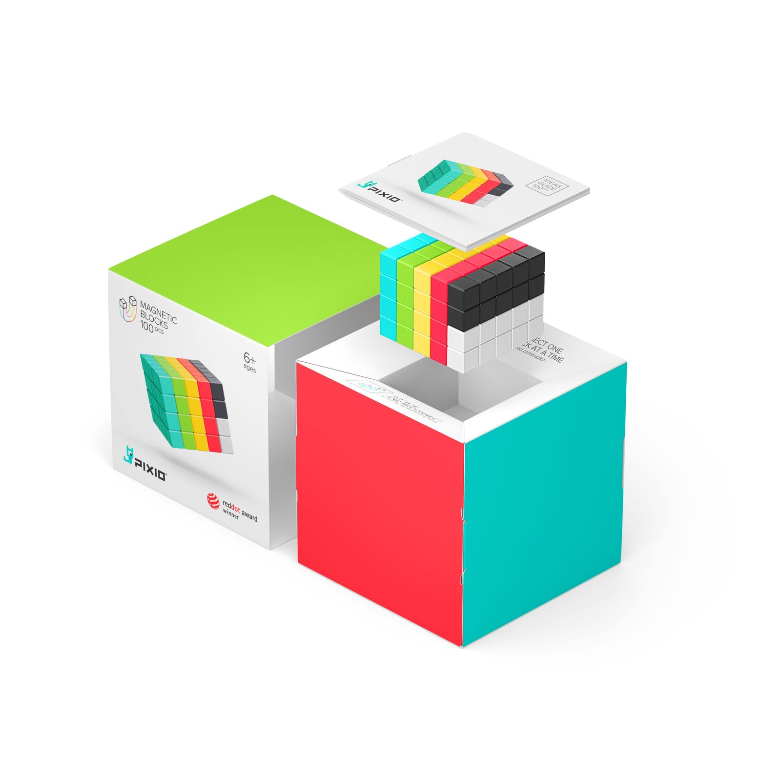 A box of PIXIO magnetic blocks featuring multiple colorful cubes, designed for educational play and building 8-bit pixel art.