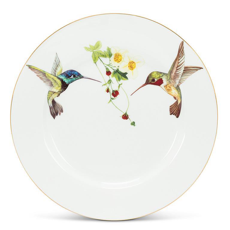 Crafted from fine bone China and adorned with a charming hummingbird motif, this side plate will delight guests at your next tea party. Plus, the luxurious 10K gold accents will add a touch of sophistication and timeless elegance when serving coffee and desserts. Material: fine bone China Dimensions: 8" X 8".