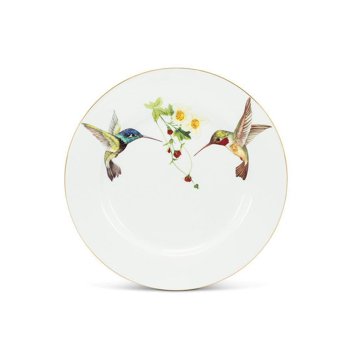 Decorative plate with illustrations of hummingbirds and flowers on a white background
