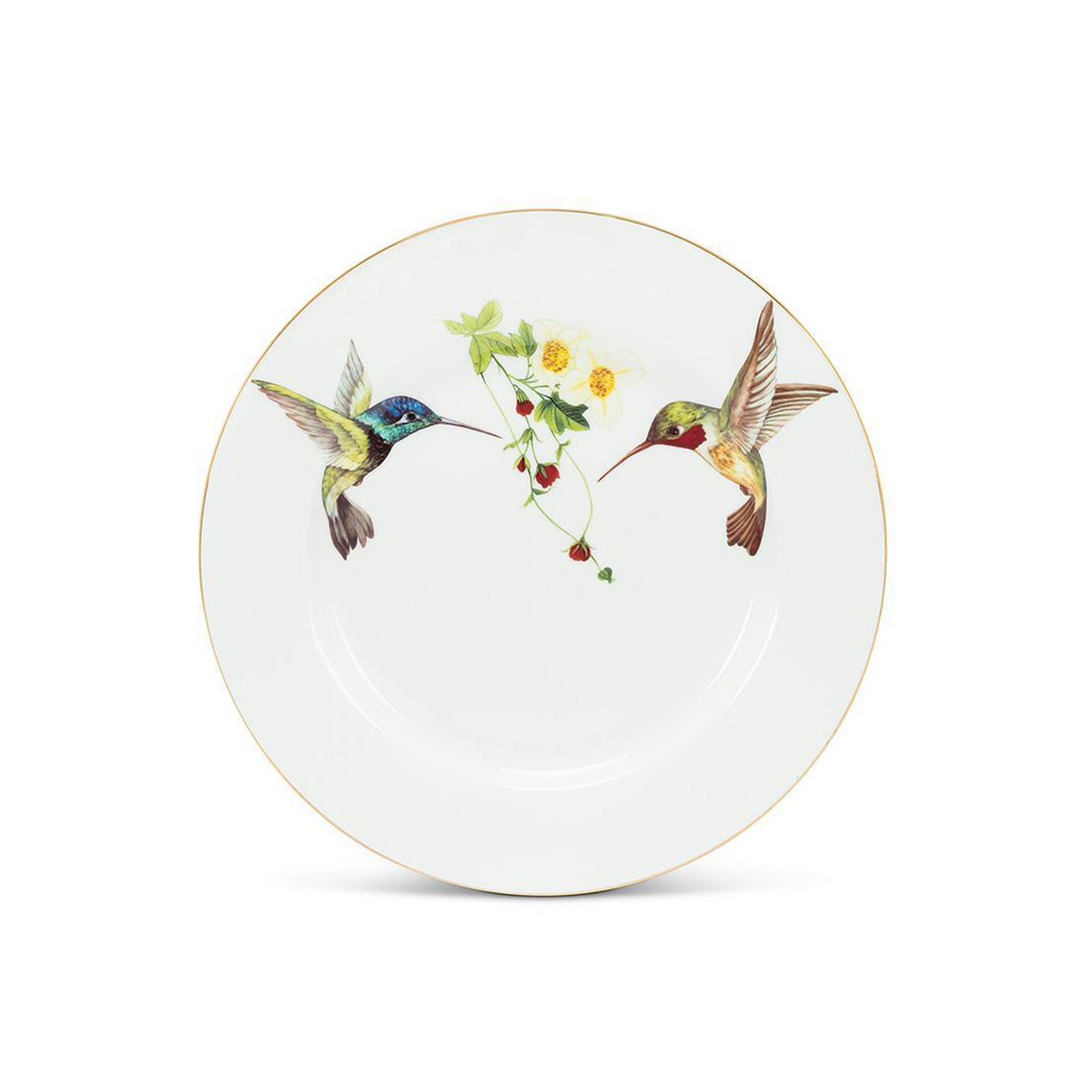 Decorative plate with illustrations of hummingbirds and flowers on a white background
