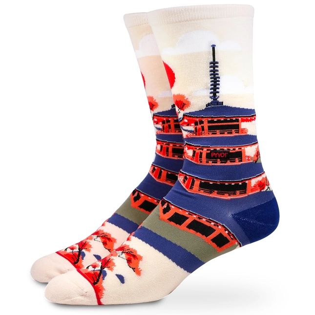 Did you know the ancient city of Kyoto used to be Japan's capital?! Kyoto literally translates to 'capital city'. Celebrate the famous Japanese city with these crew socks featuring a Kyoto temple adorned with cherry blossoms. Material: 80% Combed Cotton, 15% Antimicrobial Spandex, 5% Nylon One size fits most.