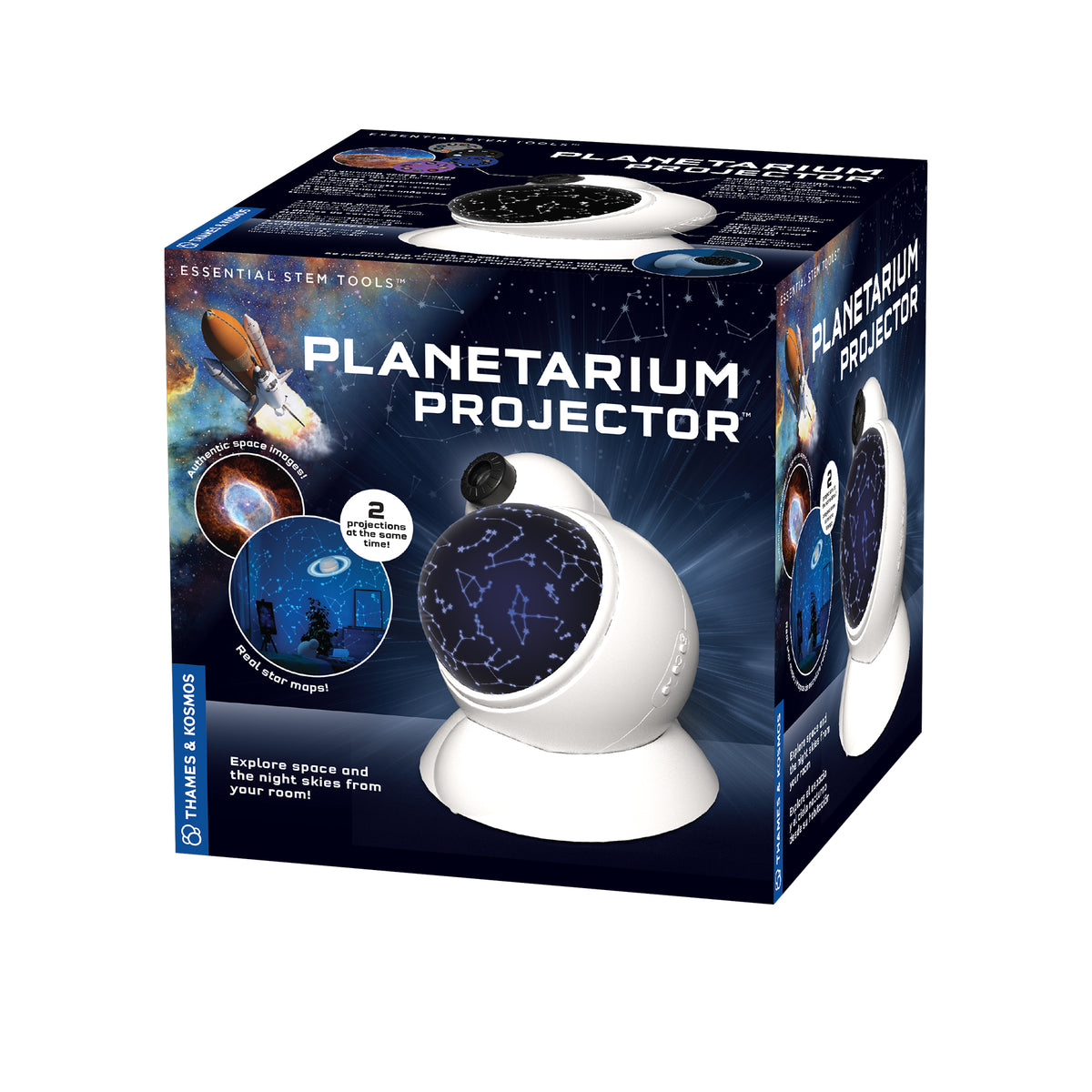 Planetarium projector packaging with images of stars and space on a white background