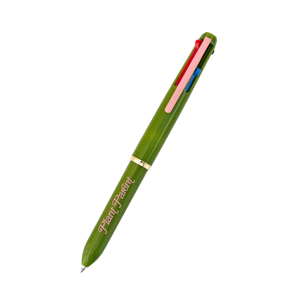 Green pen with multicolored clip on a white background