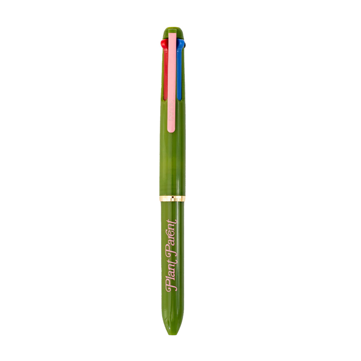 Green pen with colorful clip on a white background
