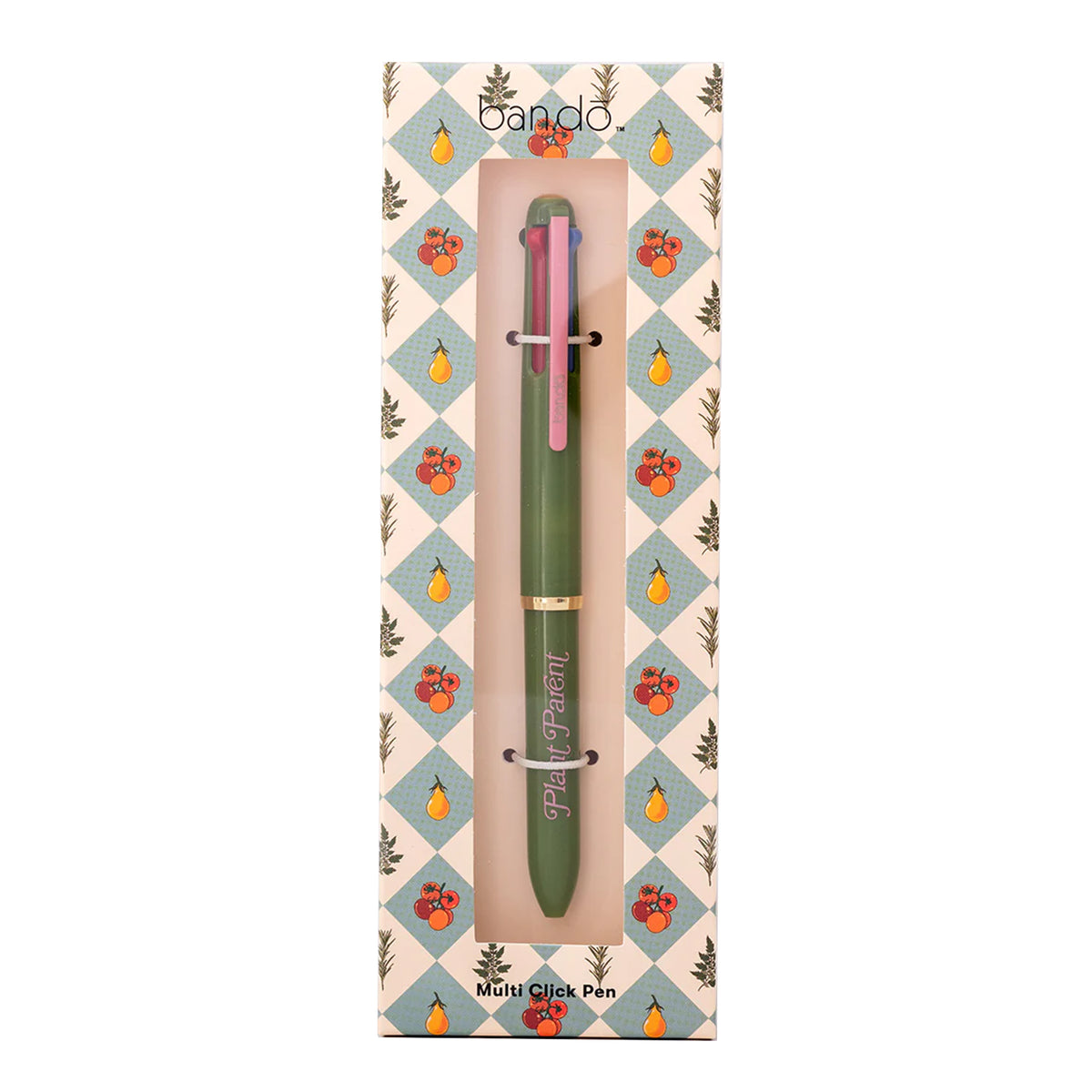 Green pen with pink accents in a decorative box on a white background