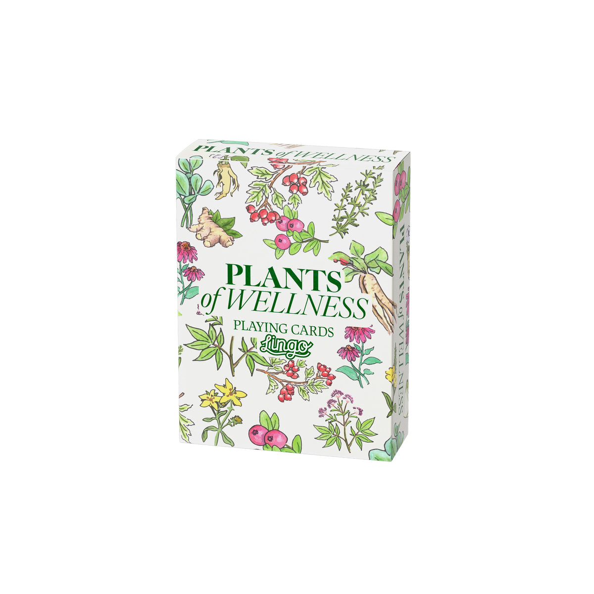 Plants of Wellness Playing Cards box by Jingle, featuring a white background decorated with colorful botanical illustrations of herbs and flowers.
