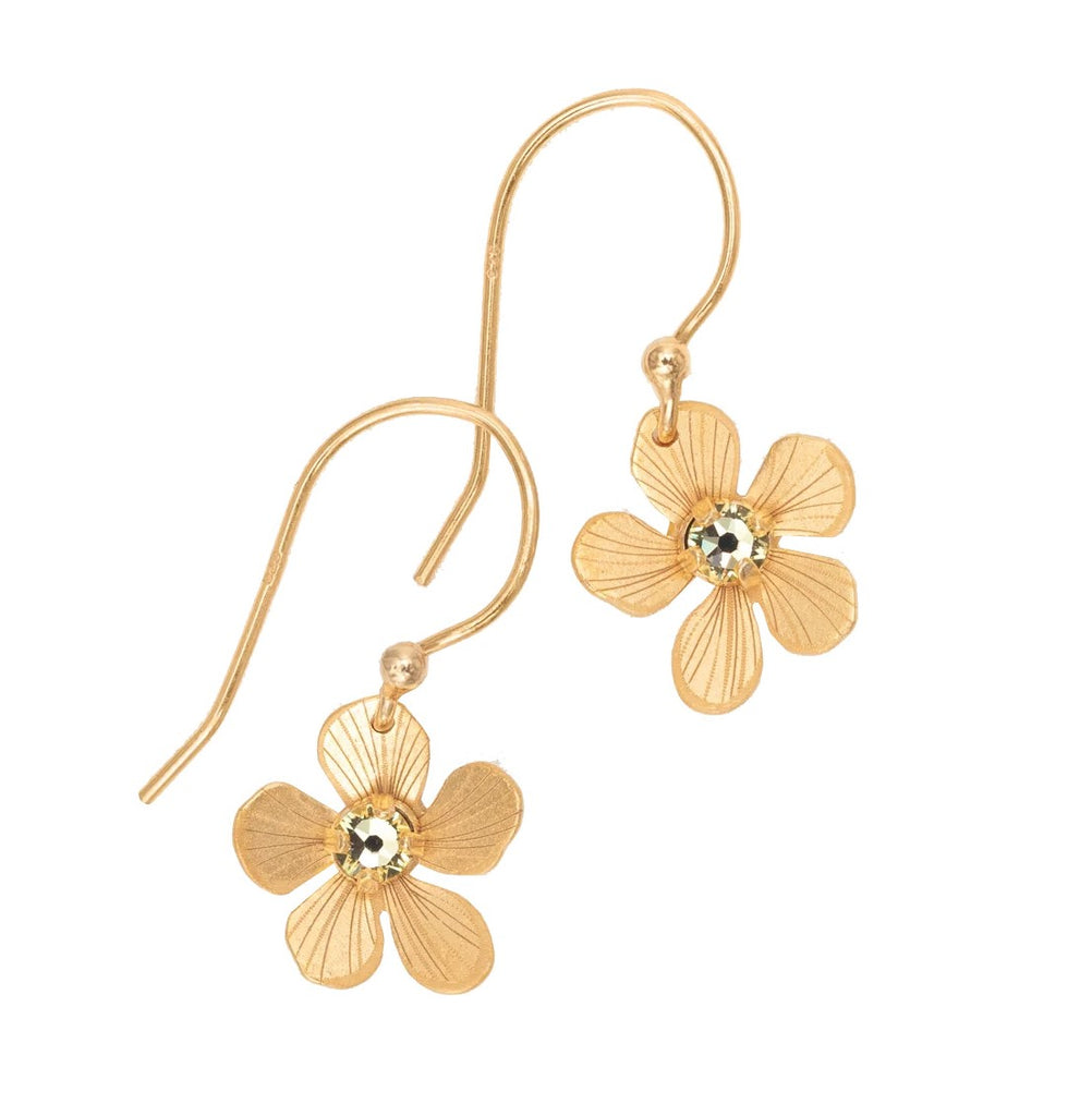 It's always a garden party with the Petite Plumeria Drop Earrings. This season-to-season design is as versatile as it is artfully crafted, with a touch of darling feminine flair. Materials: 18l gold plated. Crystal Dimensions: 0.75" x 0.45" *Matching necklace available