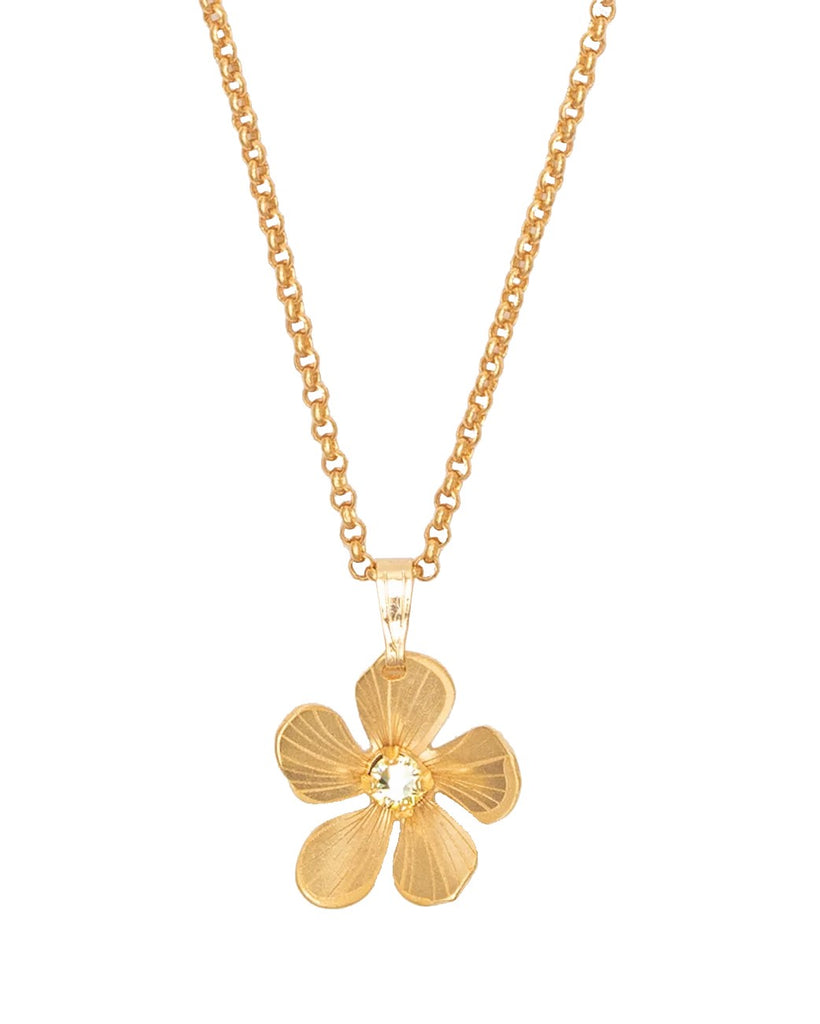 It's always a garden party with this dainty and delightful plumeria drop necklace. A single hand formed bloom with just a hint of sparkle hangs with darling feminine flair from delicate chain. Materials: 18k gold plated metal. CZ crystal. Dimensions: Adjustable 18-20"; 3/4" l. × 1/2" w. Pendant.