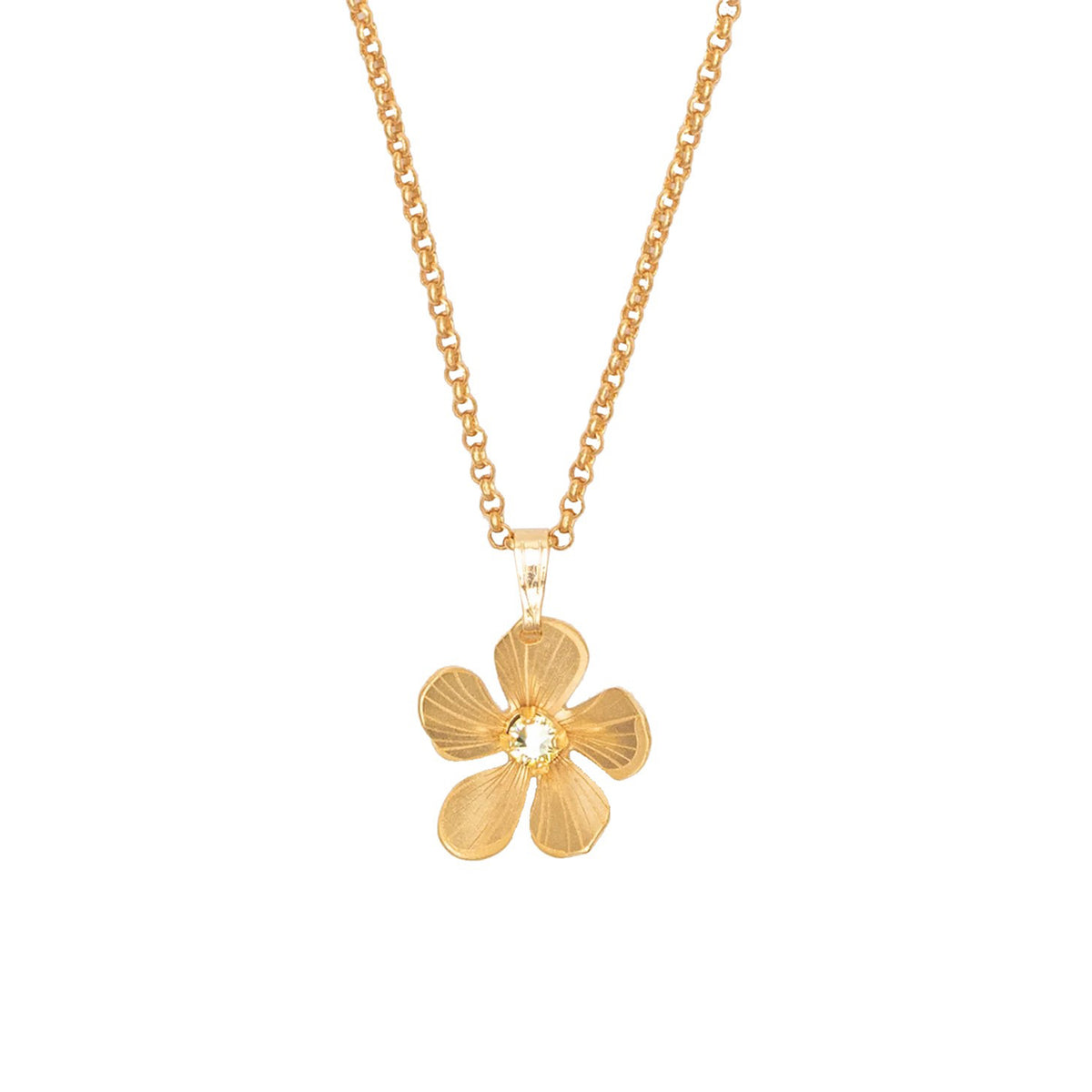 Gold necklace with a plumeria shaped pendant on a white background