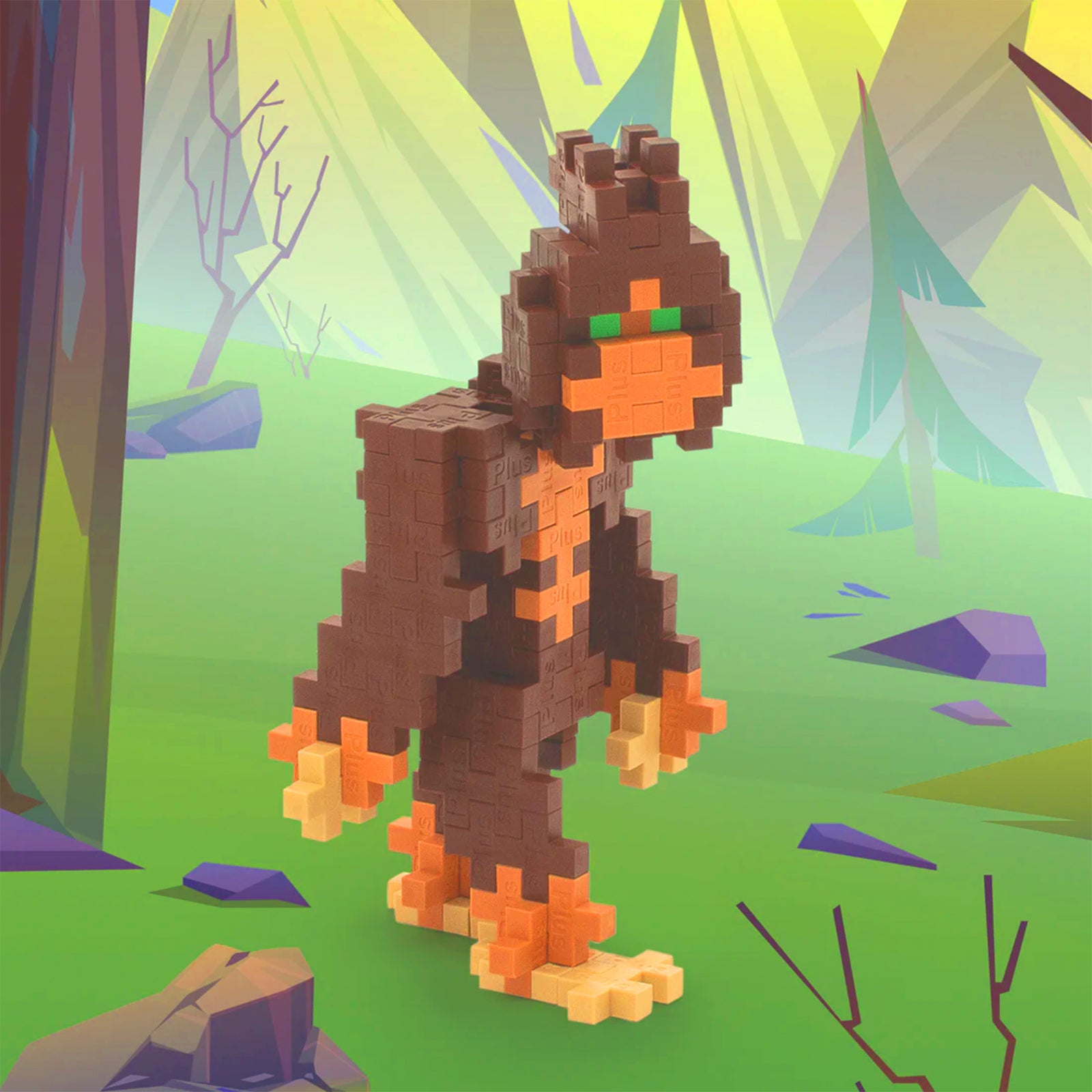 Toy figure of Bigfoot made from interlocking blocks next to its packaging on a white background