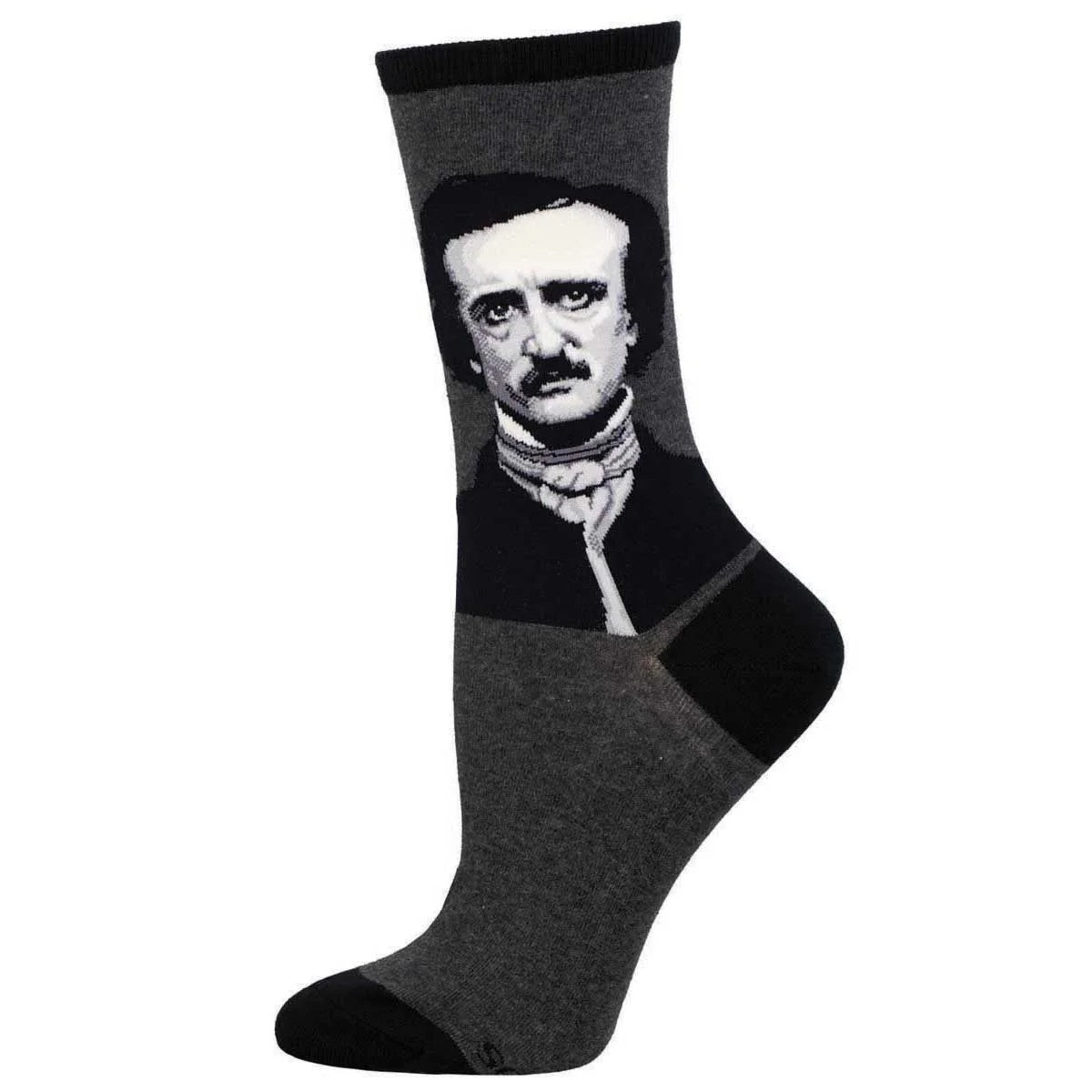 Gray sock with a portrait of Edgar Allan Poe on a white background