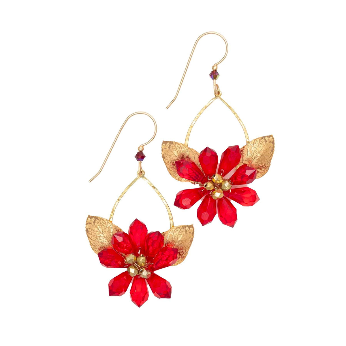 Pair of red poinsettia flower earrings with gold accents on a white background