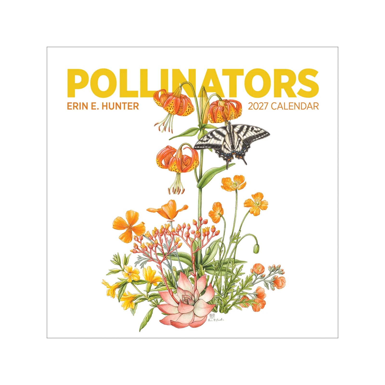 A 'Pollinators' 2027 wall calendar featuring illustrations of insects and flowers by artist Erin E. Hunter