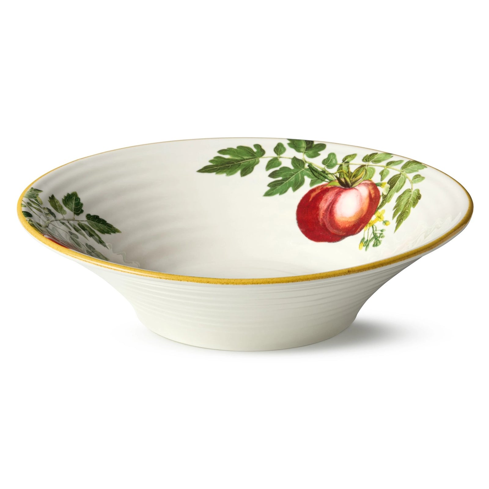 Decorative plate with red tomatoes and green leaves on a white background