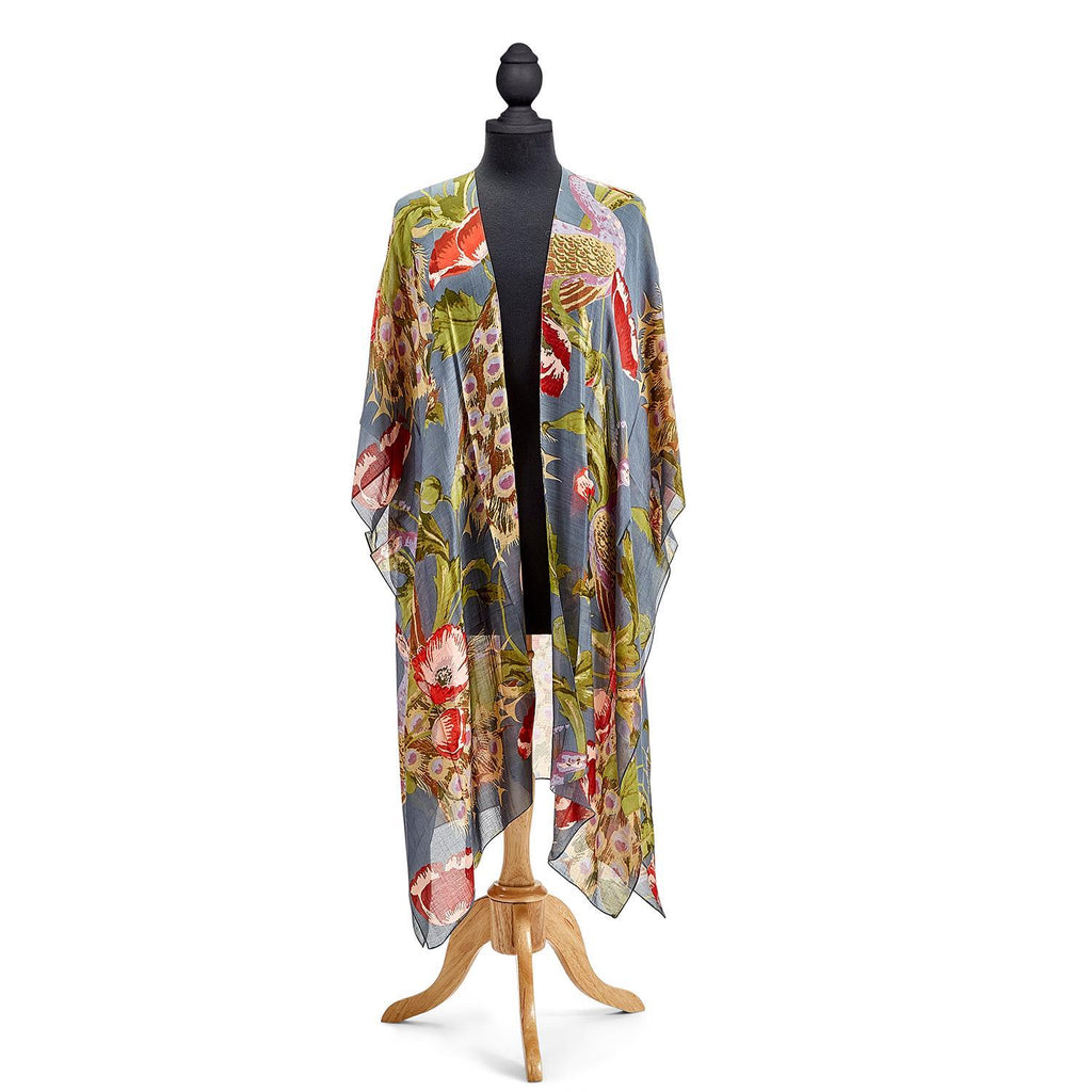 This fabulous longer length kimono cover-up features both peacocks, and another local favorite, poppies. This is the perfect topper for cooler summer evenings, and packs up small enough to fit into a medium sized purse. Open front design. 50% Modal and 50% Tencel. One size fits most. Measures 21"W x 37"L Hand wash.