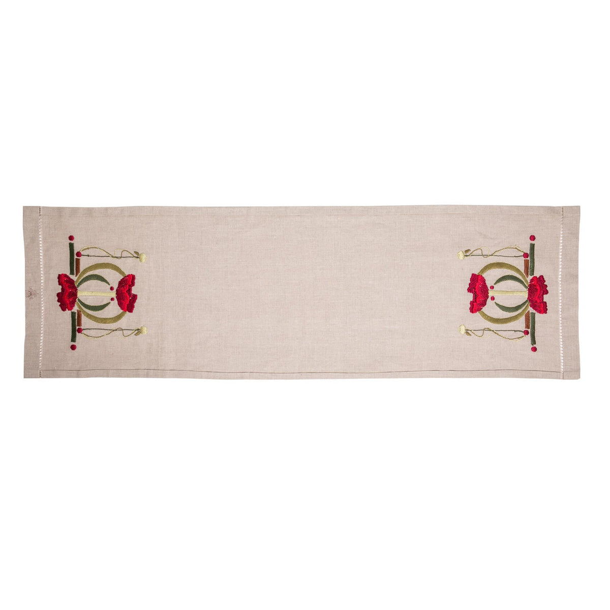 Embroidered table runner with decorative patterns on a white background