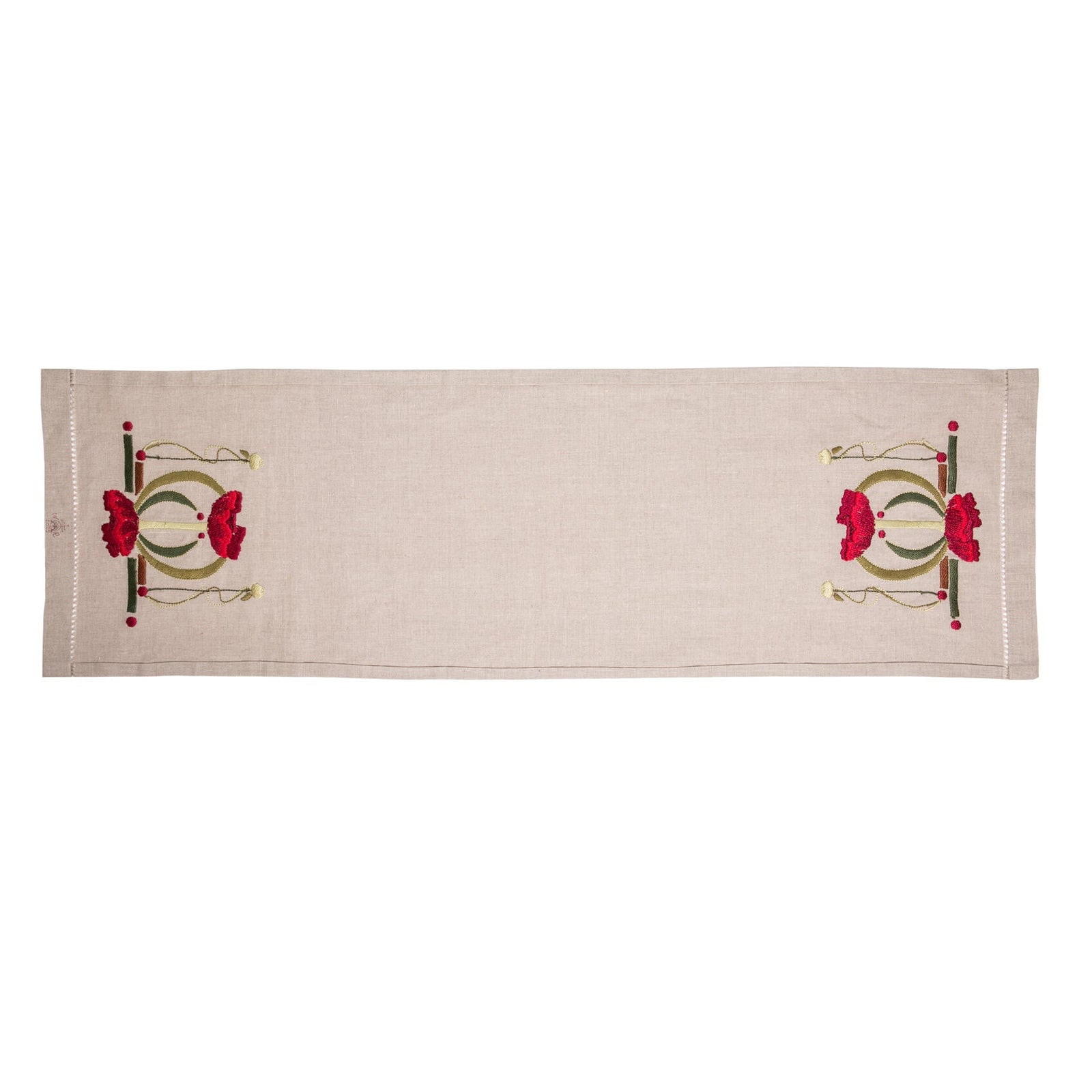 Embroidery kit packaging with a table scarf design featuring poppies on a white background.