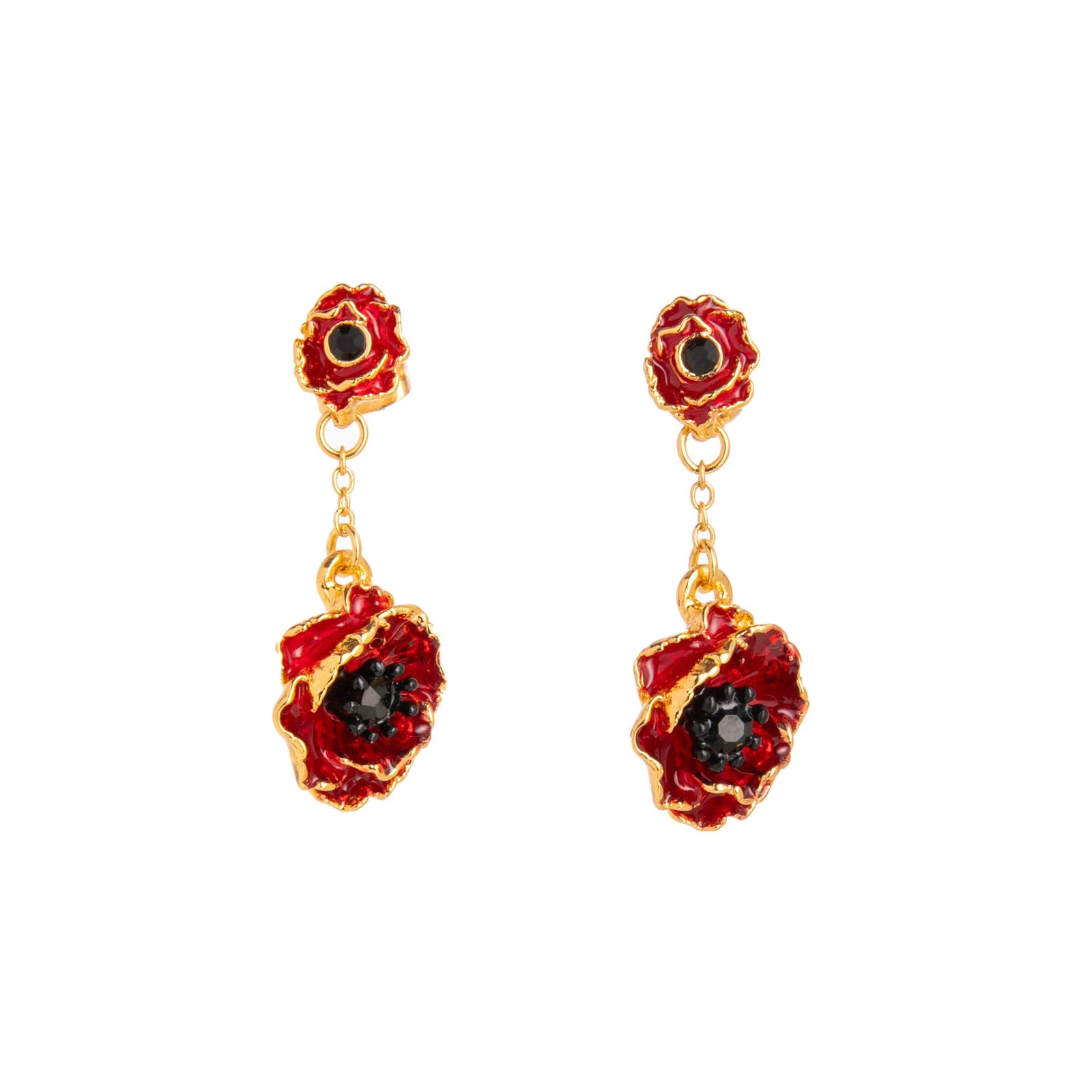 Red poppy dangle earrings with a black crystal center on a white background.