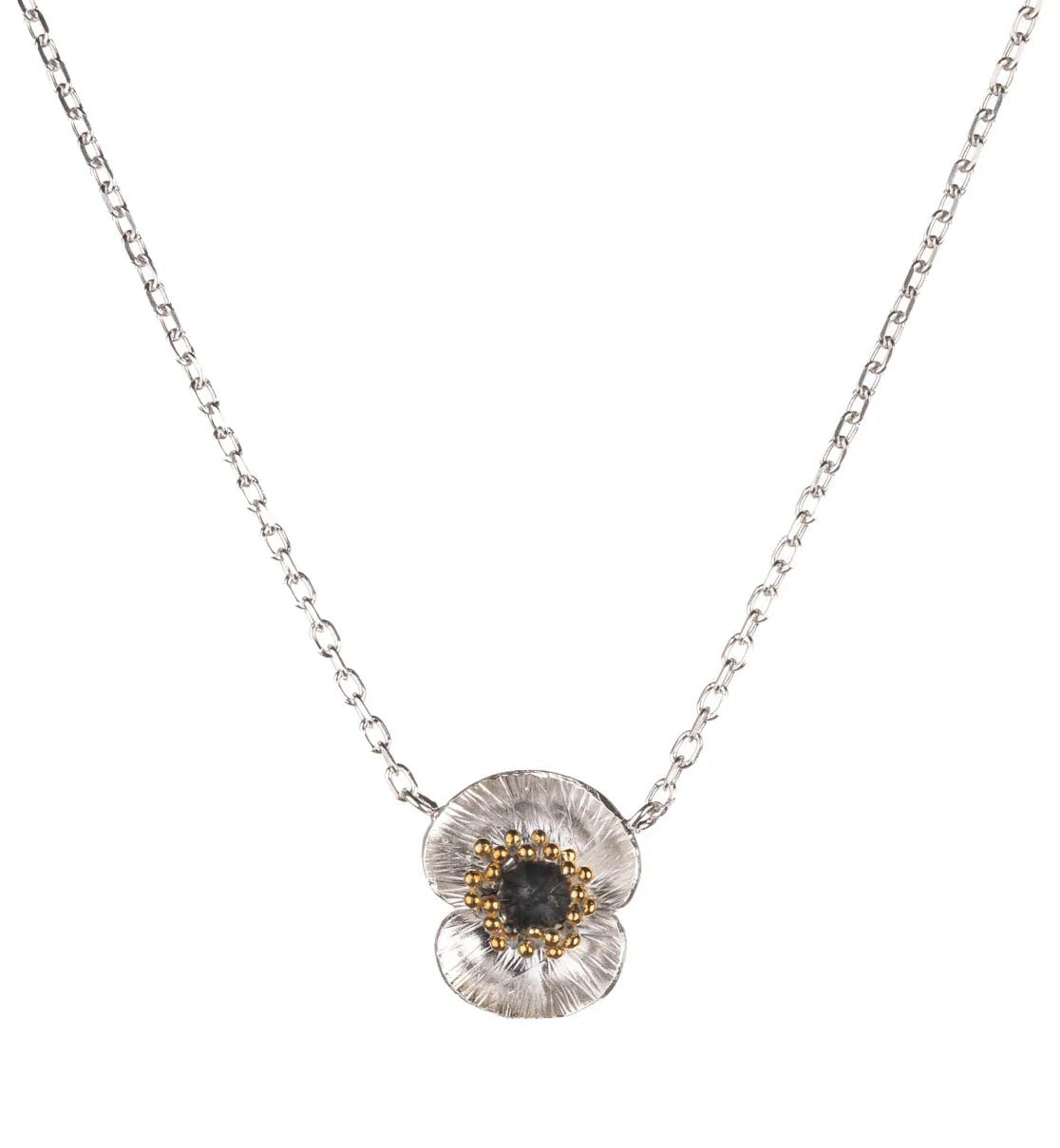 Silver necklace with a floral poppy pendant on a white background