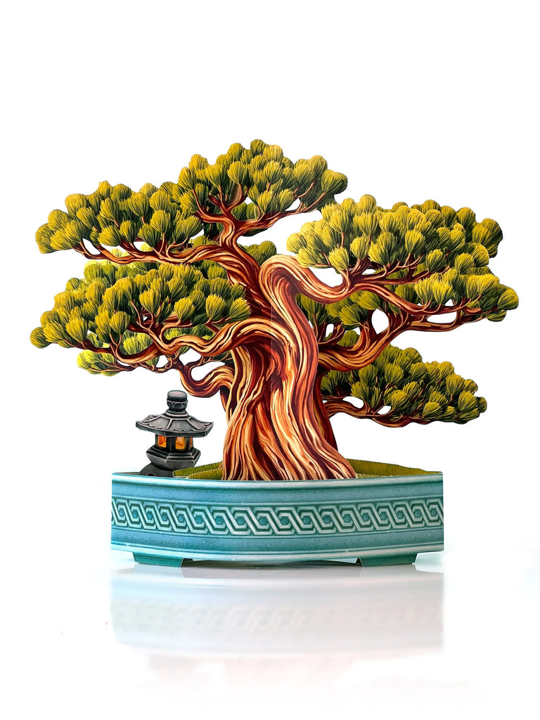 Bringing well wishes of harmony and balance, this whimsical miniature pop-up greeting features a beautiful Bonsai tree resting in a traditional "ceramic" vessel and comes with a stone pagoda lantern...all made from laser-cut paper. Measures approx 10" high by 11" across.