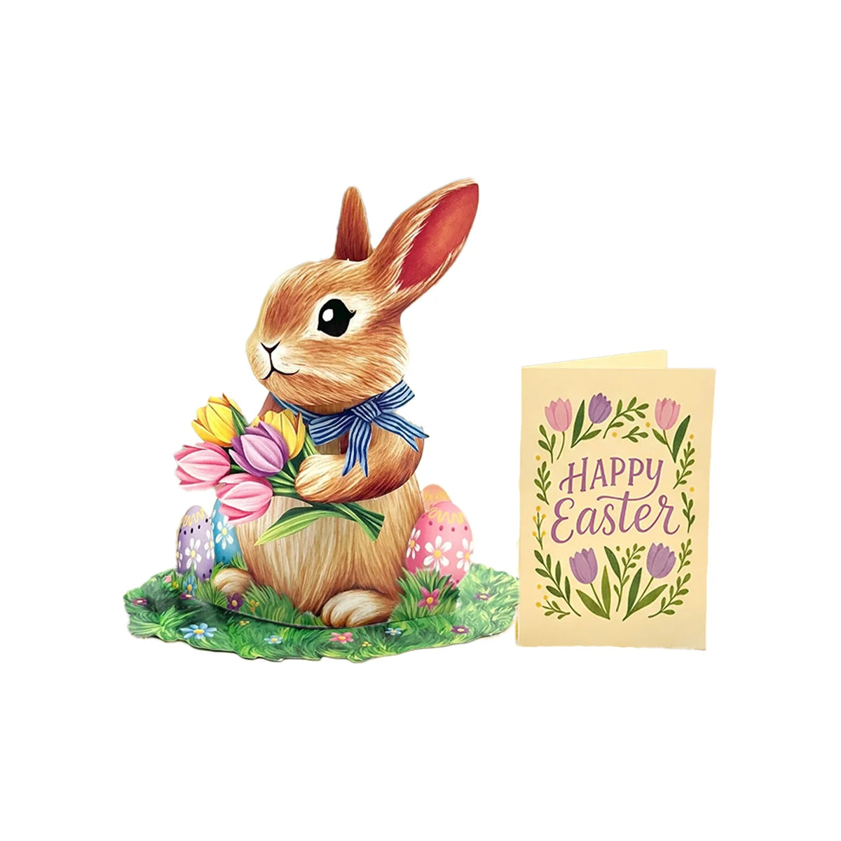 Easter bunny pop up greeting card with flowers and a 'Happy Easter' card on a white background