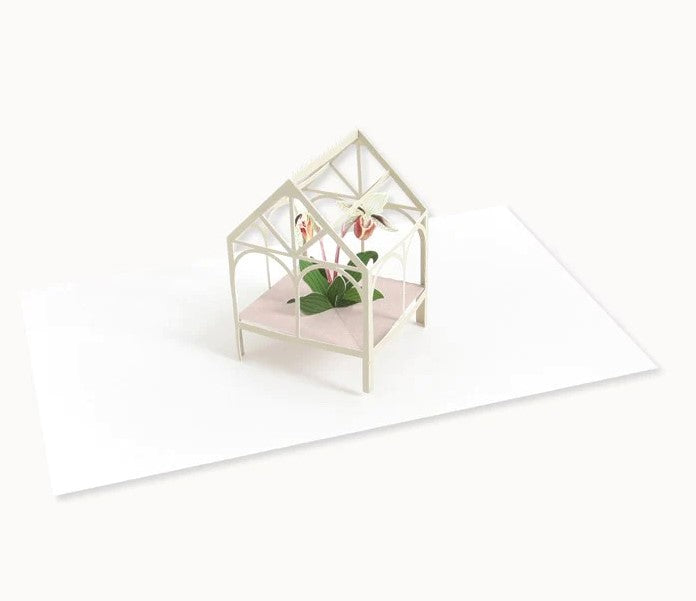 Delight a friend or a family member with this amazingly detailed greeting card. It features a gorgeous, laser-cut pop-up, Victorian-inspired greenhouse, which encloses two orchid blooms. Front copy: have a beautiful day. Inside copy: blank. 3D effect pop-up orchid greenhouse inside. Size:6" x 5". Chartreuse envelope.