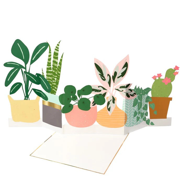 This fold-out, concertina card is perfect to send a special message to someone who adores plants. It'll look amazing on their windowsill or anywhere they want a colorful display. Neon print & gold foil detail. Pale blue envelope. Made from FSC mix paper. Dimensions: 5" x 7".