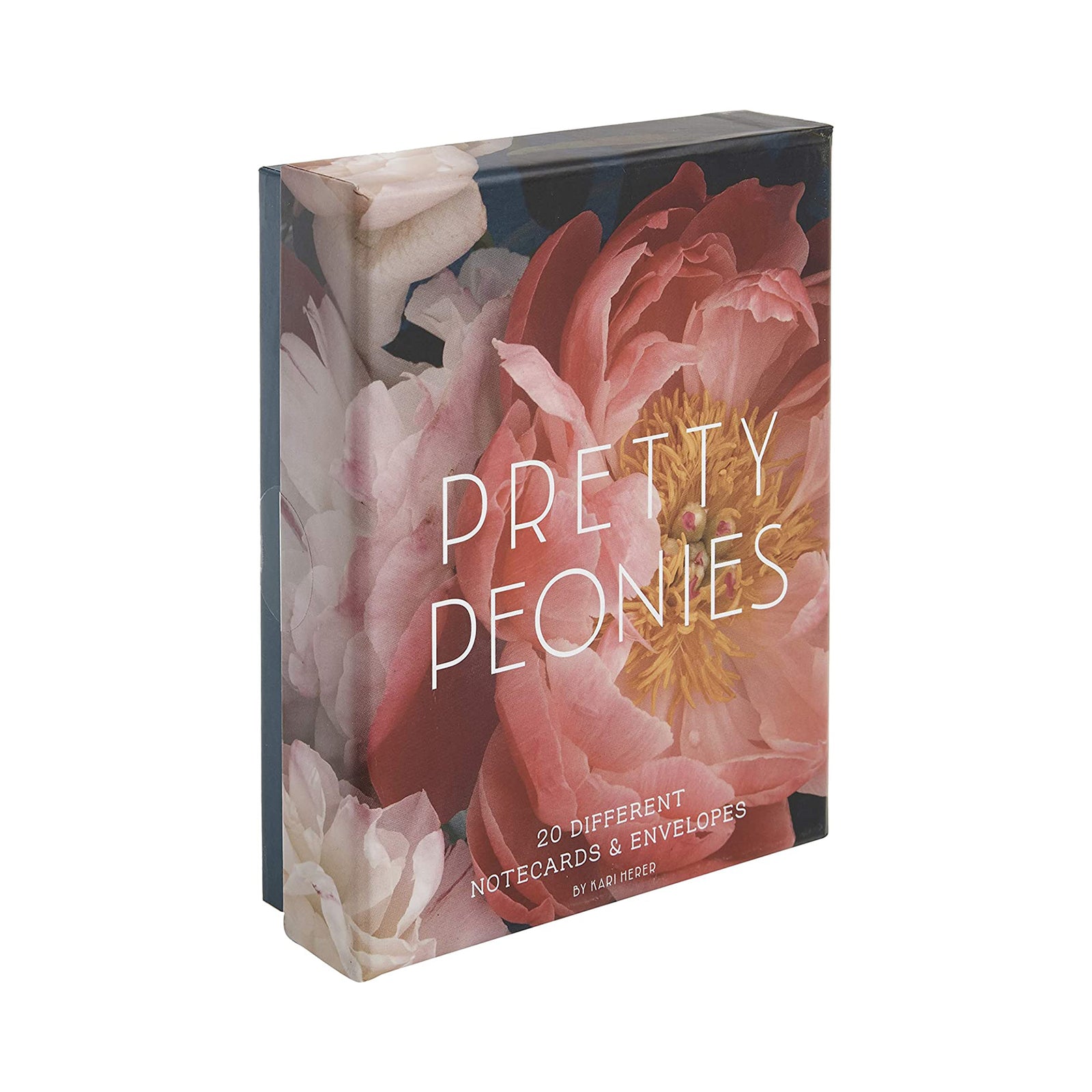 Boxed notecards with 'Pretty Peonies' design on the cover