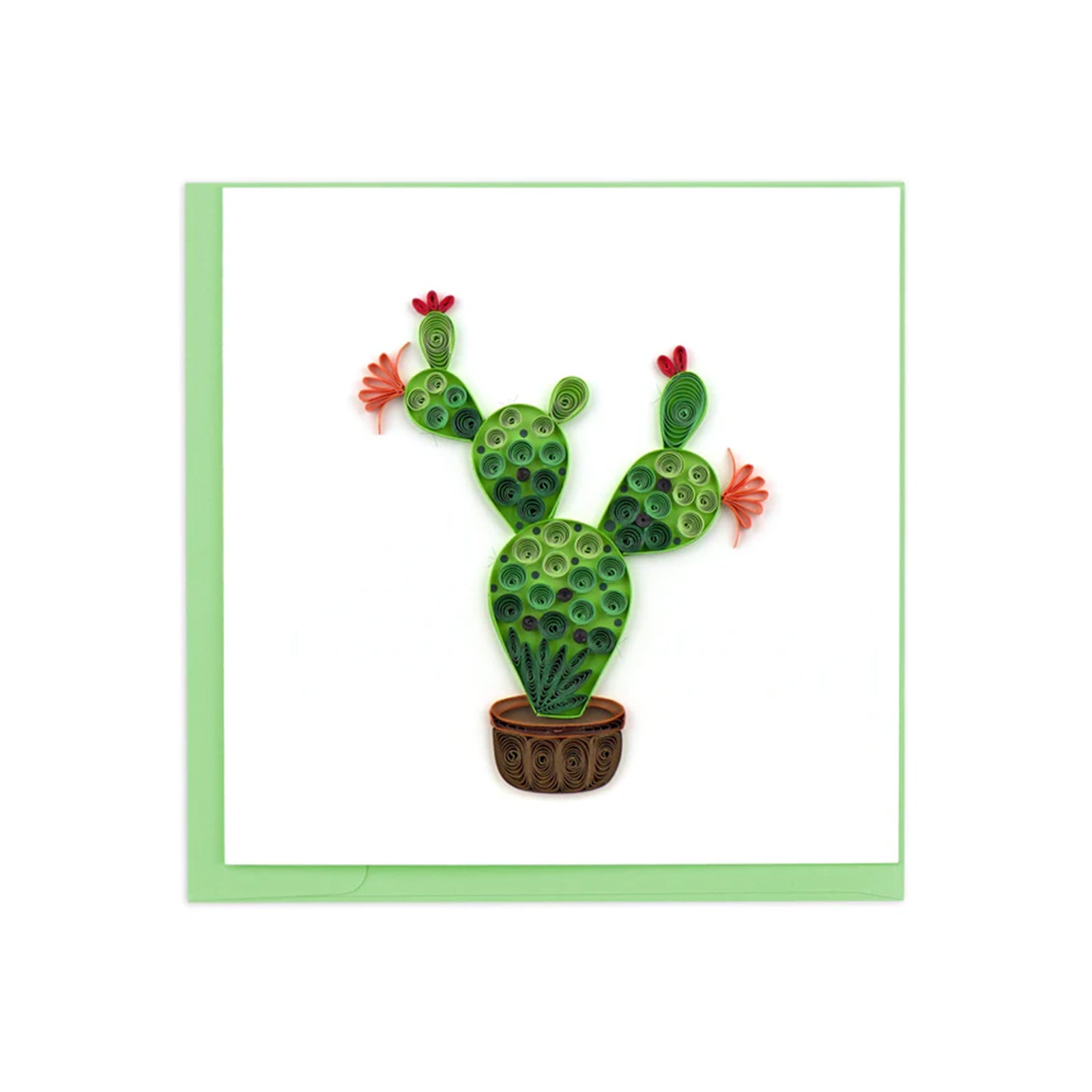 Quilled cactus greeting card on a white background with a green border