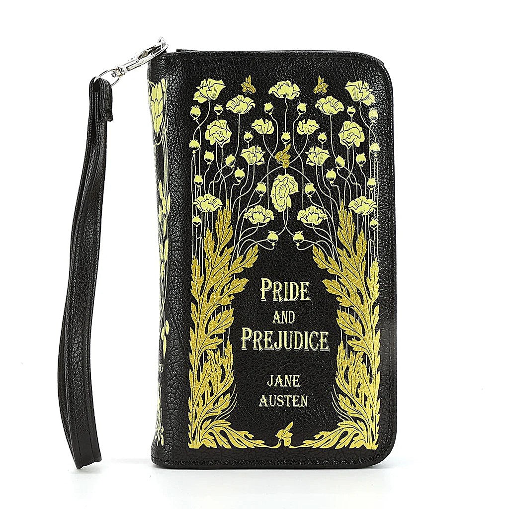 Black wallet with yellow floral design and 'Pride and Prejudice' text on a white background