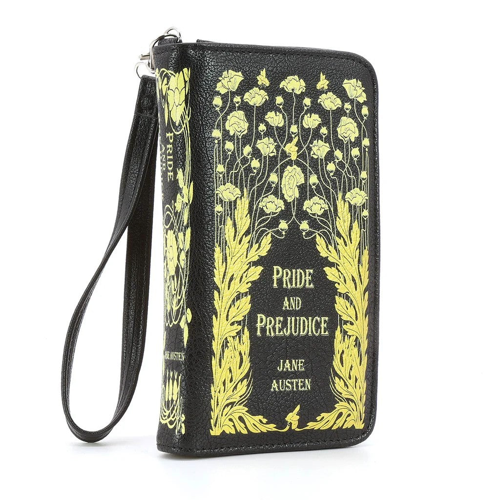 Black wallet with yellow floral design and 'Pride and Prejudice' text on a white background