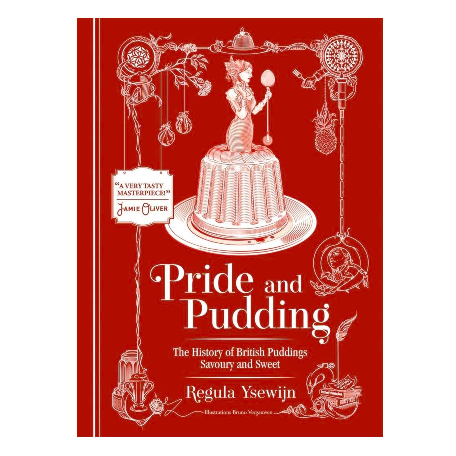 Book cover of 'Pride and Pudding' with decorative elements on a red background