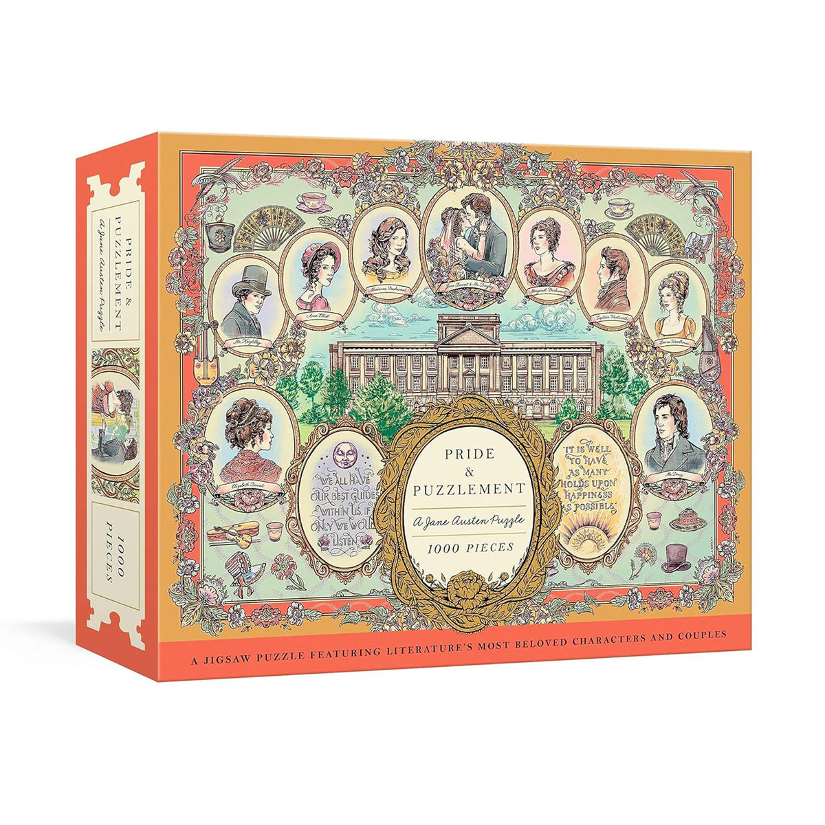 Jigsaw puzzle box with illustrations of characters and a building, featuring the text 'Pride & Puzzlement'.