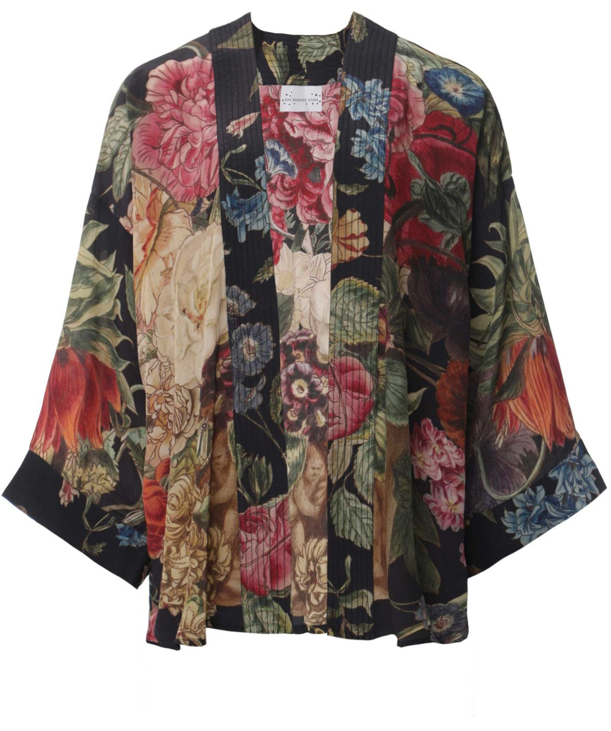 Floral patterned kimono-style garment on a white background