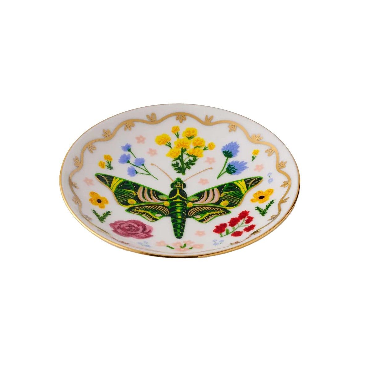 Keep this ring dish by your desk, the sink, or on your nightstand, and keep all your small, special things safe. This pretty porcelain dish features a botanical 'curio' design and a metallic gold rim for extra shine. Material: Porcelain Diameter: 4" Full-color illustration with metallic gold accents. Hand wash.