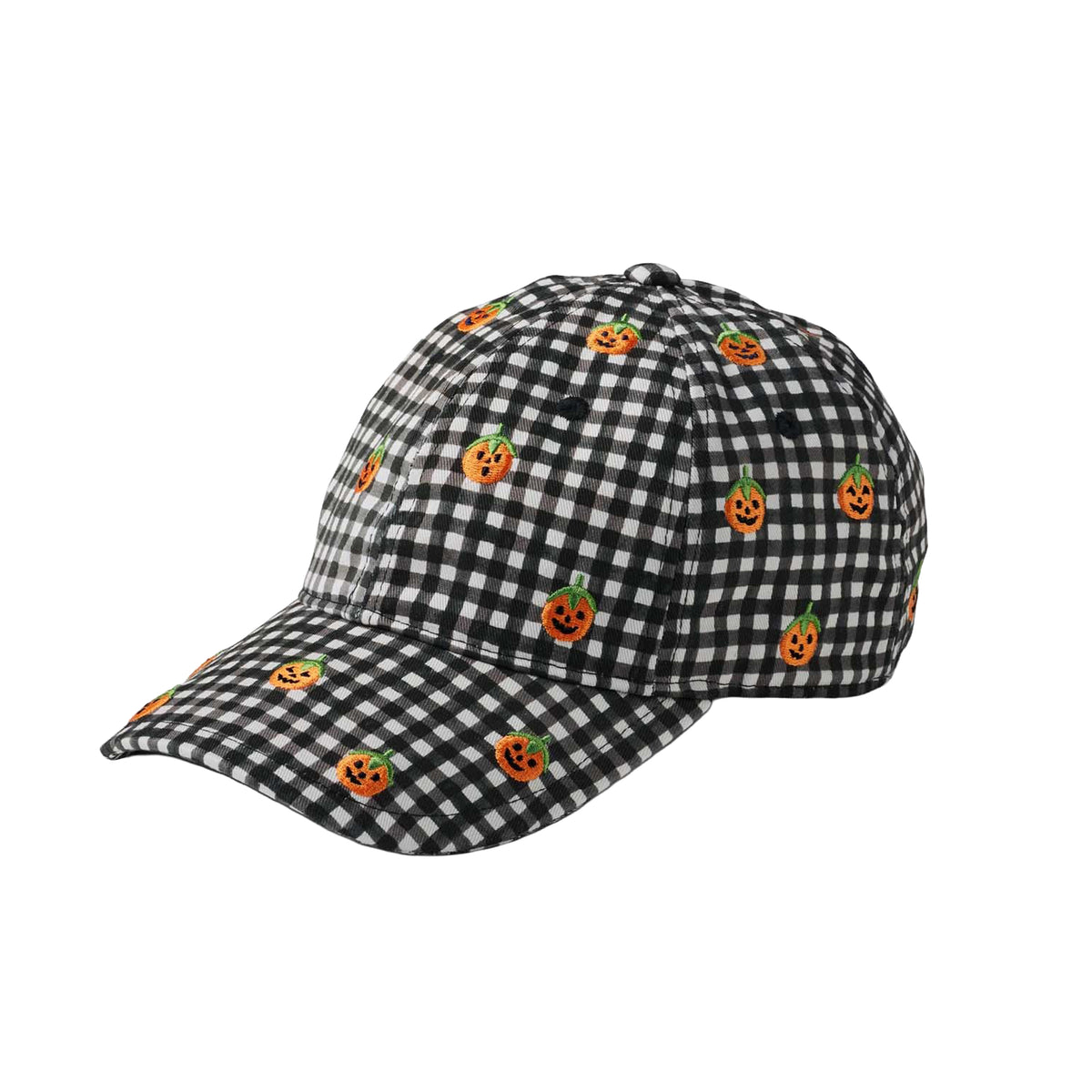 A black and white gingham baseball cap featuring an all-over pattern of small orange jack-o'-lantern pumpkins, shown on a plain white background.